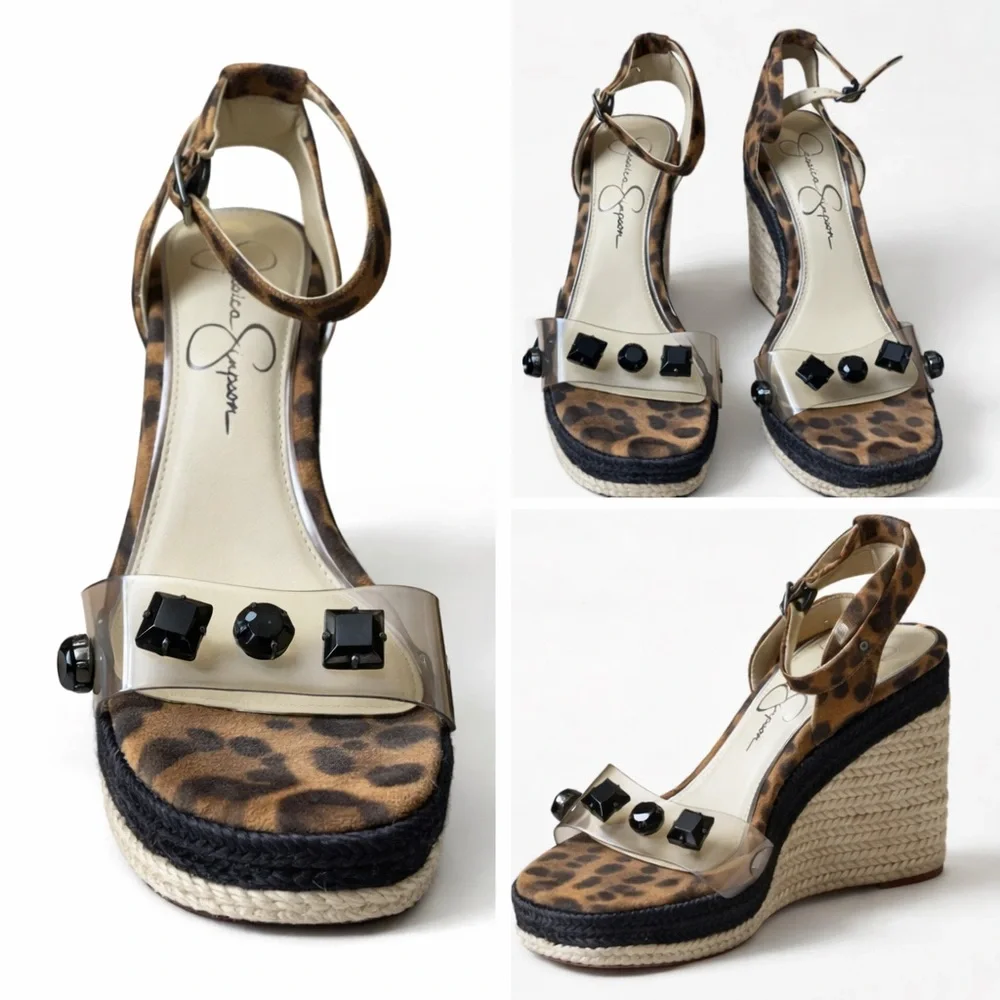 Jessica Simpson Leopard Espadrille Wedge Sandals Clear Strap Gem Studs Size 7